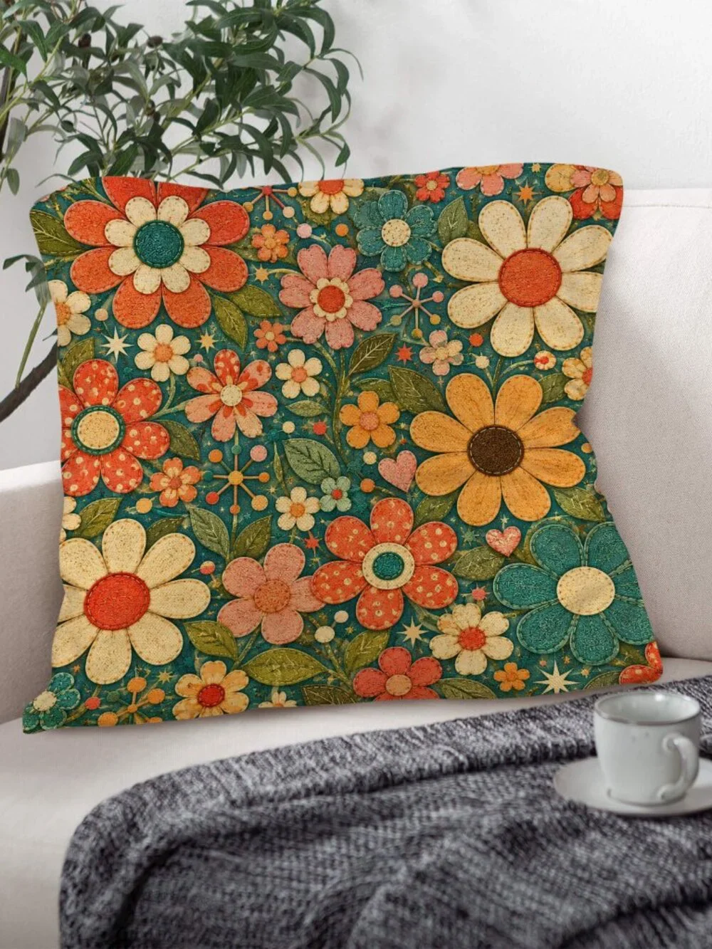 Retro Flower Pillow, 18x18 100% Polyester Faux Linen with Insert